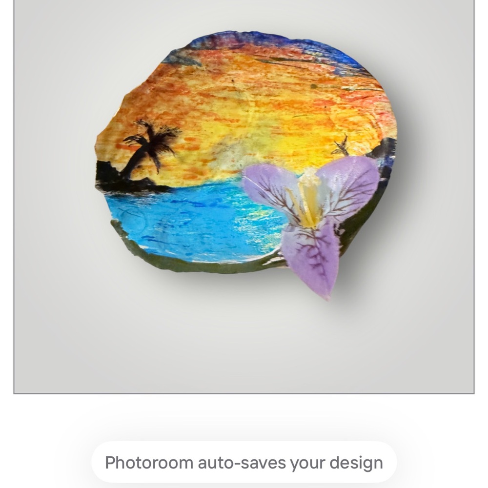 Hand-Painted Beach Sunset Wood Slice with Purple Flower Accent